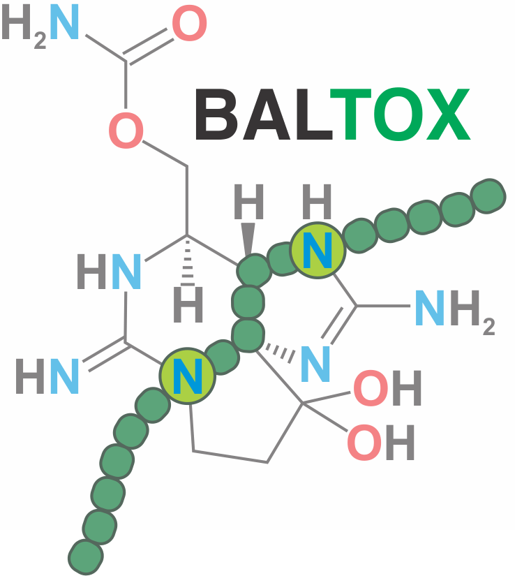 The logo of the BALTOX project, which shows stylized cyanobacteria and the molecular structure of an algal toxin.
