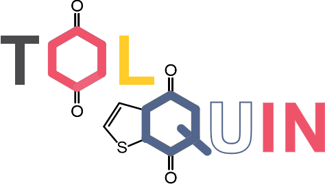 The logo of the Tolquin project, which shows the structures of quinones overlain by the letters TOLQUIN in the colors of the German and French flags